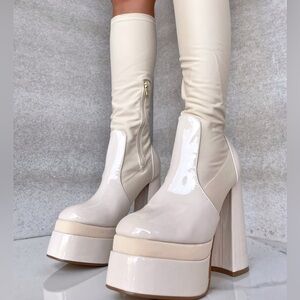 Cream Faux Patent Platform Chunky Boots